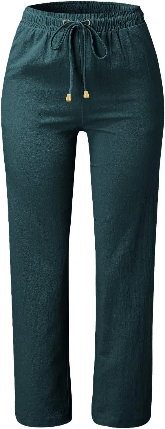 Women's Cotton Linen Straight Leg Pants Casual Summer Loose Sweatpants Tapered Ankle Capris Cropped Beach Trousers
