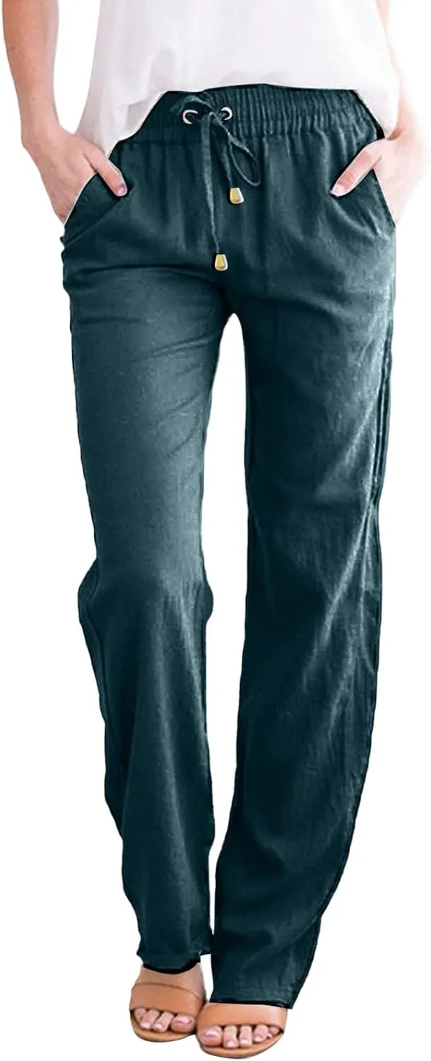 Women's Cotton Linen Straight Leg Pants Casual Summer Loose Sweatpants Tapered Ankle Capris Cropped Beach Trousers