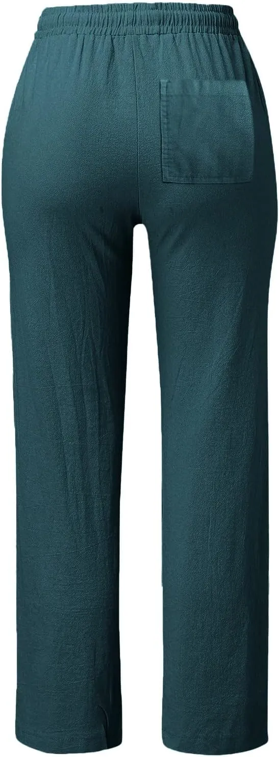 Women's Cotton Linen Straight Leg Pants Casual Summer Loose Sweatpants Tapered Ankle Capris Cropped Beach Trousers