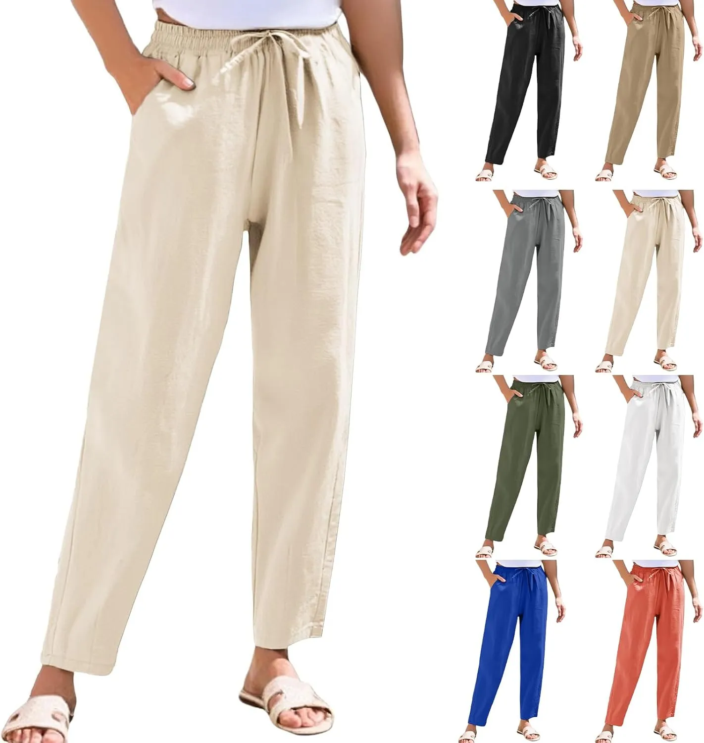 Women's Cotton Linen Straight Leg Pants Summer Wide Leg Business High Waisted Long Beach Trousers with Pockets