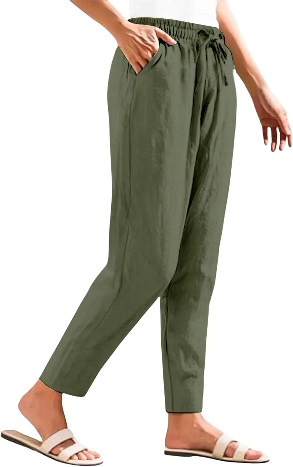 Women's Cotton Linen Straight Leg Pants Summer Wide Leg Business High Waisted Long Beach Trousers with Pockets