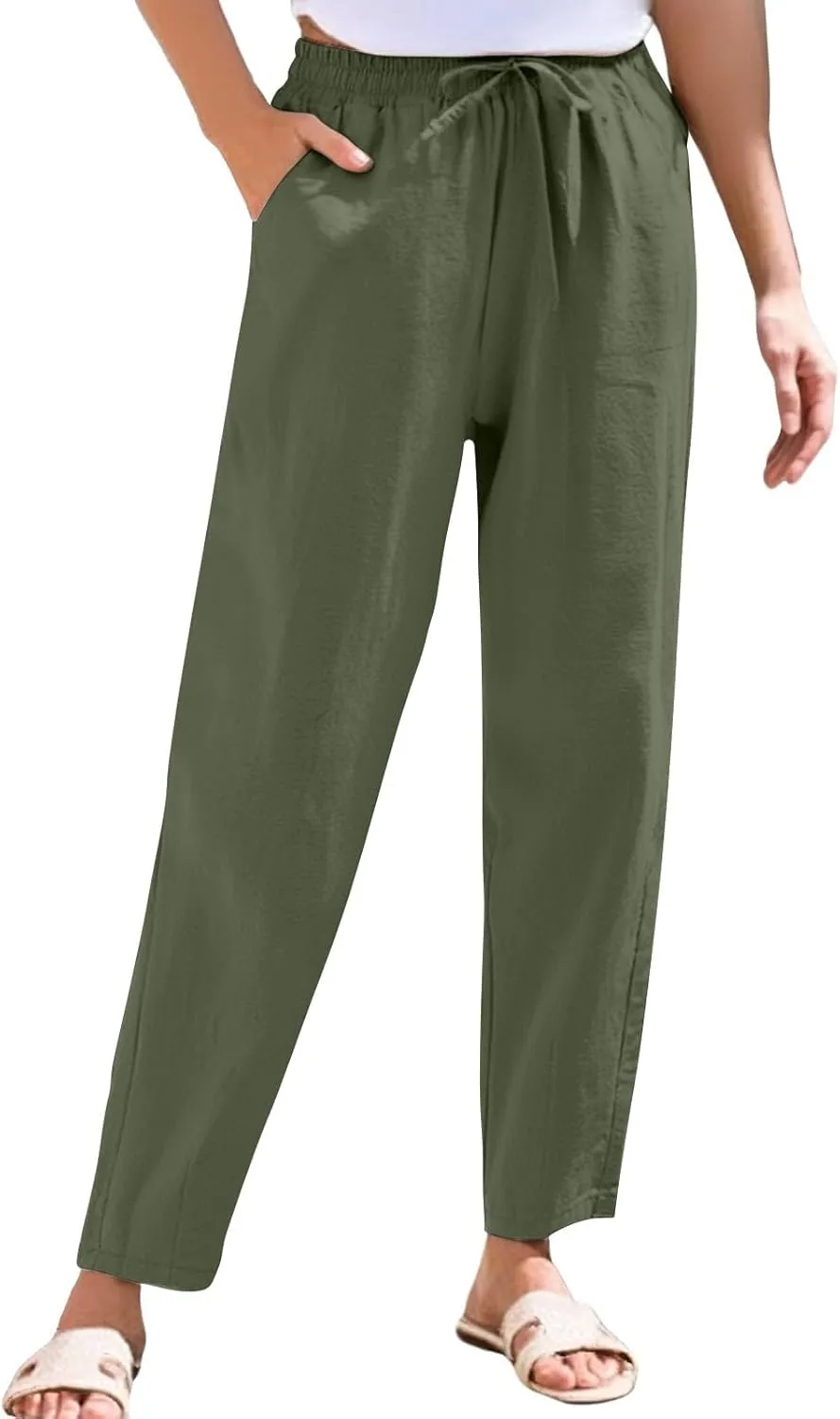 Women's Cotton Linen Straight Leg Pants Summer Wide Leg Business High Waisted Long Beach Trousers with Pockets