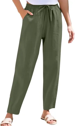 Women's Cotton Linen Straight Leg Pants Summer Wide Leg Business High Waisted Long Beach Trousers with Pockets