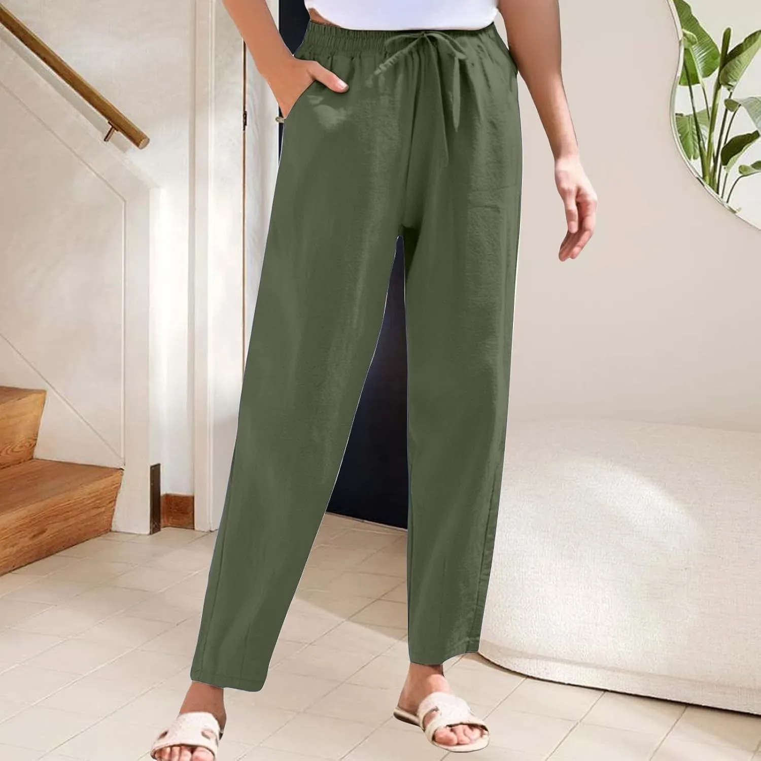 Women's Cotton Linen Straight Leg Pants Summer Wide Leg Business High Waisted Long Beach Trousers with Pockets