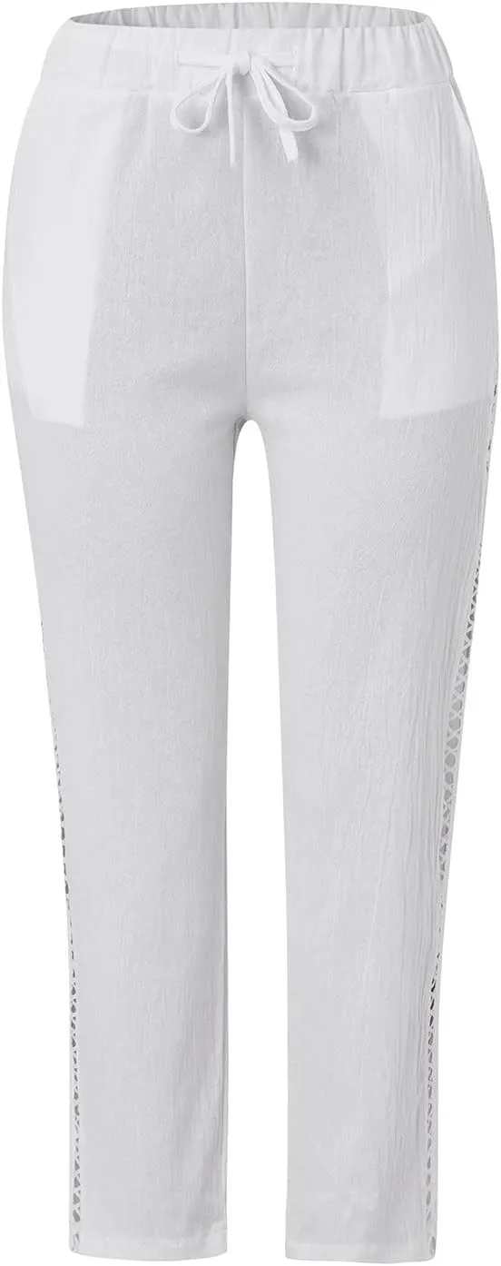 Womens Cotton Linen Straight Pants Elastic Drawstring Casual Trousers Lightweight Comfy Lounge Pant with Pokets for Summer
