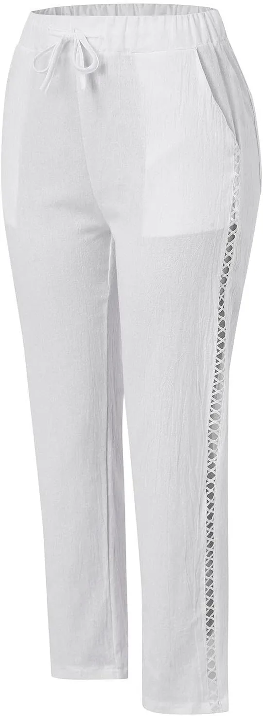 Womens Cotton Linen Straight Pants Elastic Drawstring Casual Trousers Lightweight Comfy Lounge Pant with Pokets for Summer