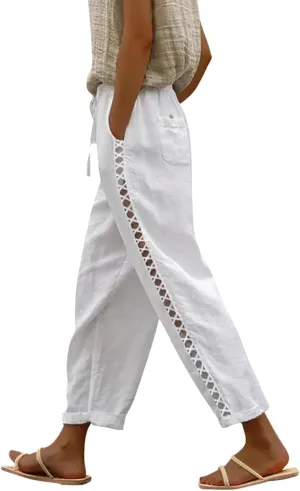 Womens Cotton Linen Straight Pants Elastic Drawstring Casual Trousers Lightweight Comfy Lounge Pant with Pokets for Summer