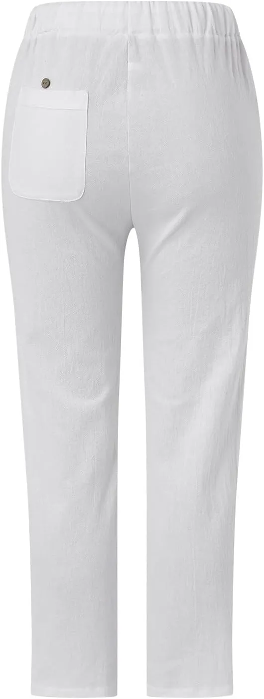 Womens Cotton Linen Straight Pants Elastic Drawstring Casual Trousers Lightweight Comfy Lounge Pant with Pokets for Summer