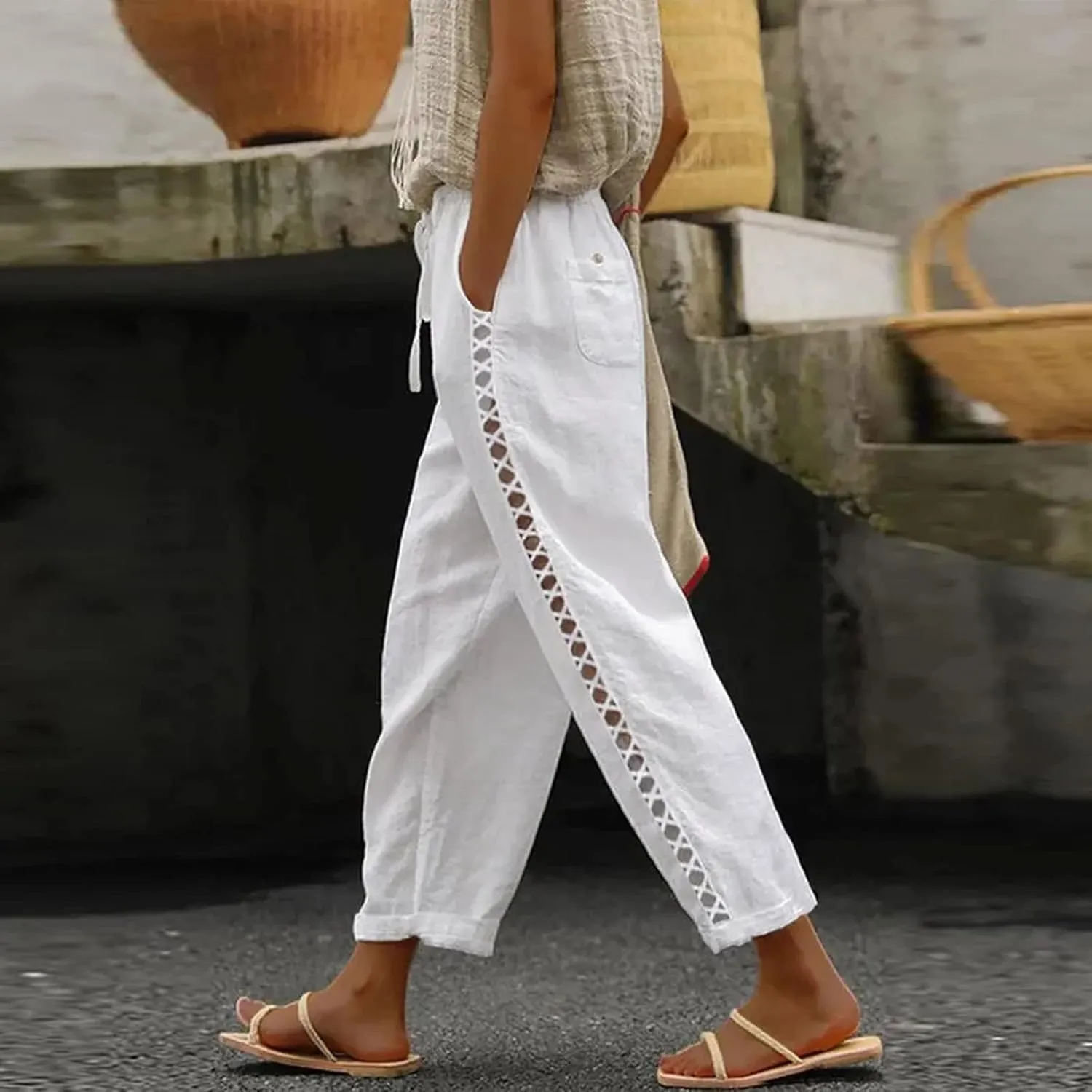 Womens Cotton Linen Straight Pants Elastic Drawstring Casual Trousers Lightweight Comfy Lounge Pant with Pokets for Summer