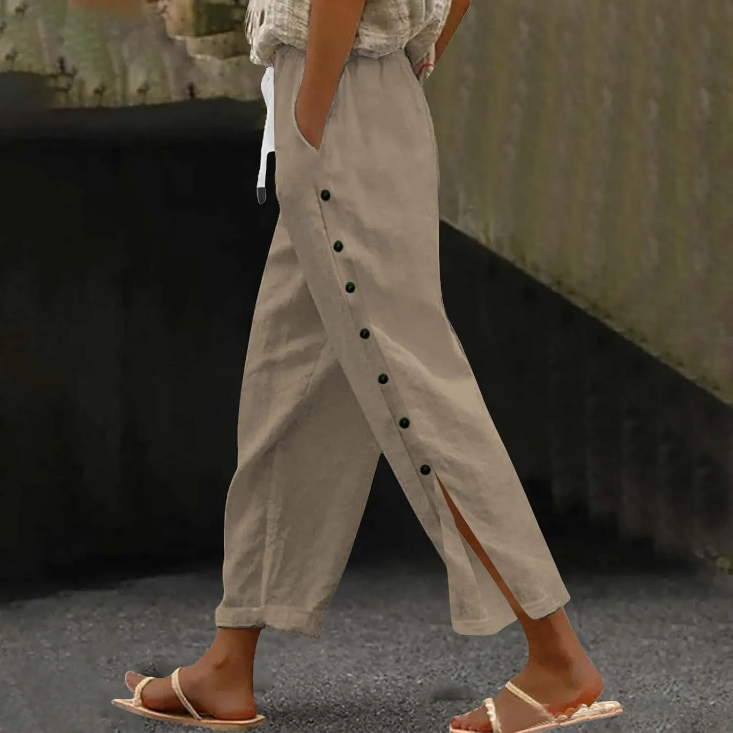 Womens Cotton Linen Straight Trousers High-Waist Summer Split Leg Pants Loose Comfy Pant for Vacation