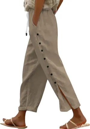 Womens Cotton Linen Straight Trousers High-Waist Summer Split Leg Pants Loose Comfy Pant for Vacation
