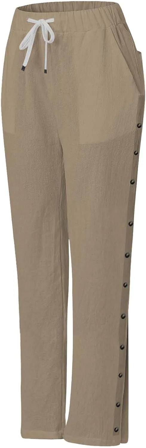 Womens Cotton Linen Straight Trousers High-Waist Summer Split Leg Pants Loose Comfy Pant for Vacation