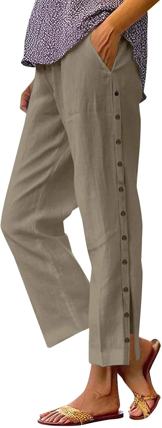 Womens Cotton Linen Straight Trousers High-Waist Summer Split Leg Pants Loose Comfy Pant for Vacation