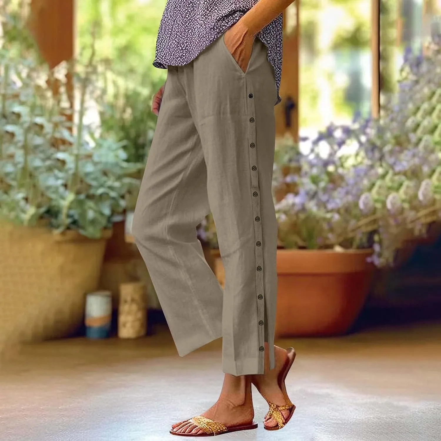Womens Cotton Linen Straight Trousers High-Waist Summer Split Leg Pants Loose Comfy Pant for Vacation
