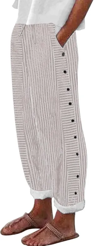 Women's Cotton Linen Straight Trousers Loose Fit High-Waist Pants with Side Buttons for Vacation