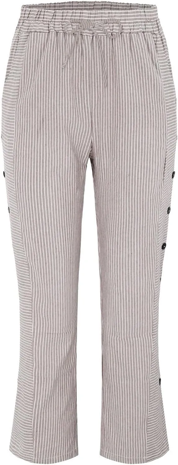 Women's Cotton Linen Straight Trousers Loose Fit High-Waist Pants with Side Buttons for Vacation