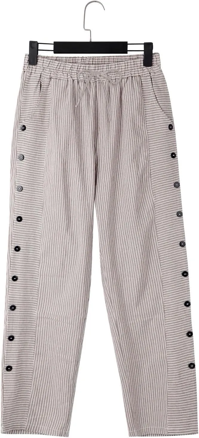 Women's Cotton Linen Straight Trousers Loose Fit High-Waist Pants with Side Buttons for Vacation