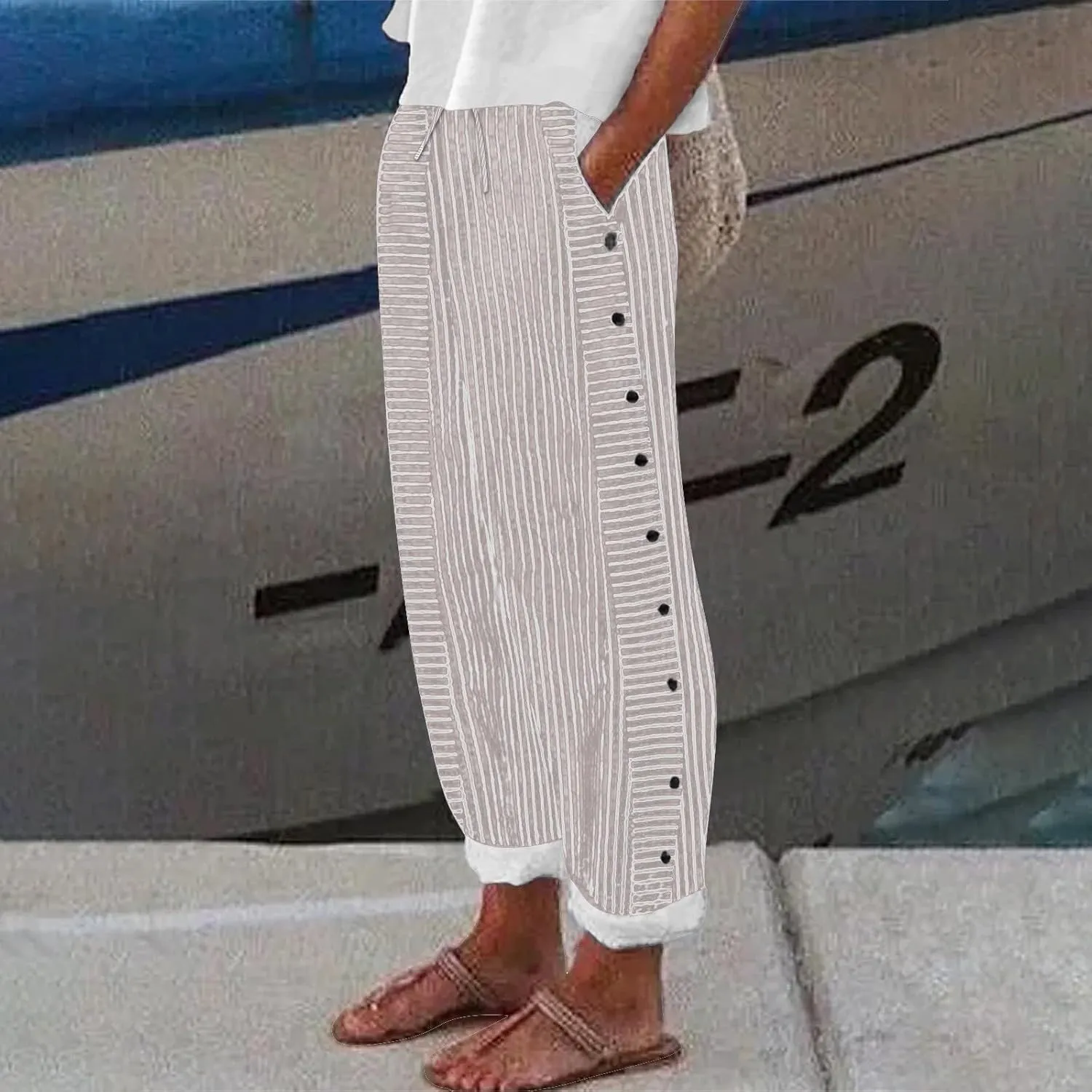 Women's Cotton Linen Straight Trousers Loose Fit High-Waist Pants with Side Buttons for Vacation