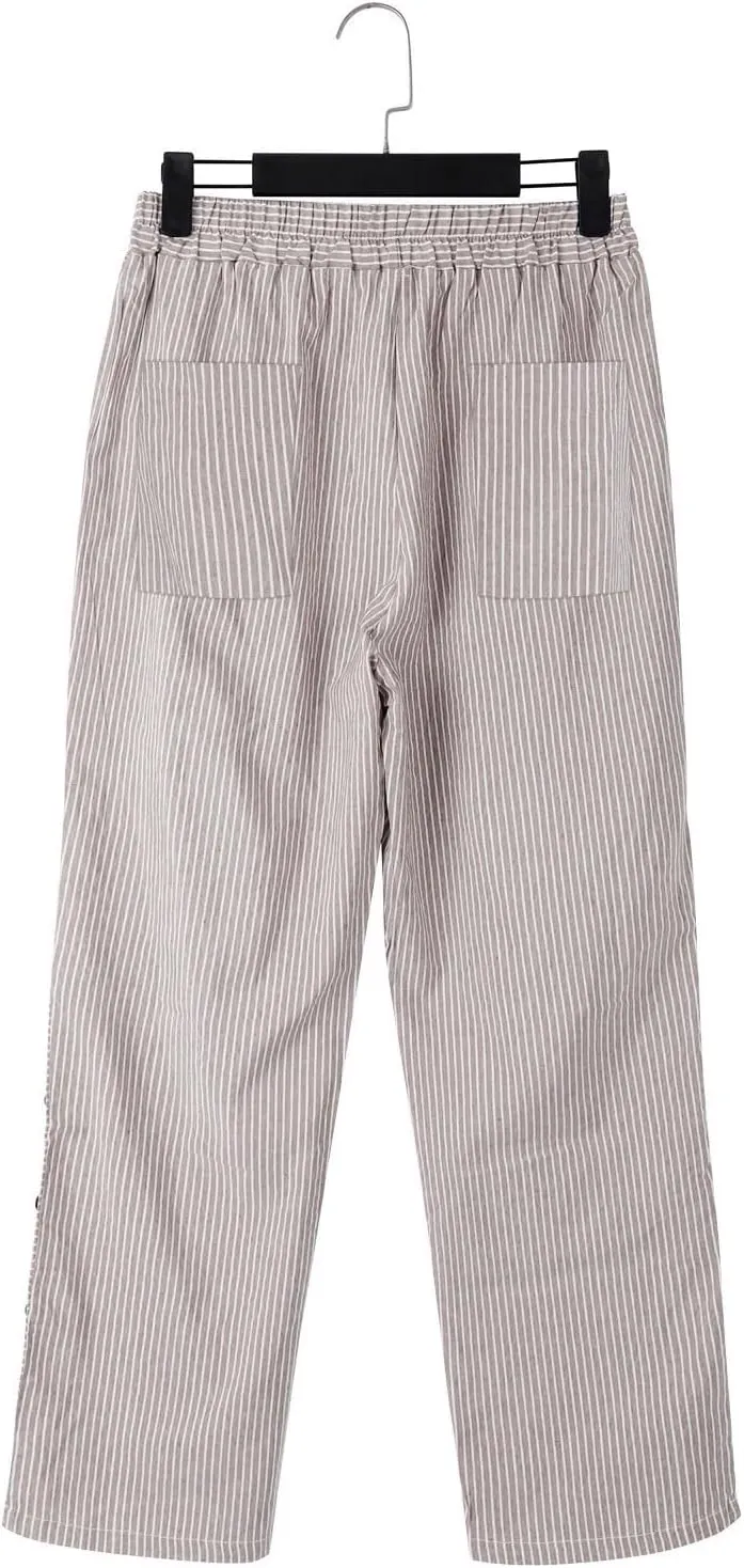 Women's Cotton Linen Straight Trousers Loose Fit High-Waist Pants with Side Buttons for Vacation