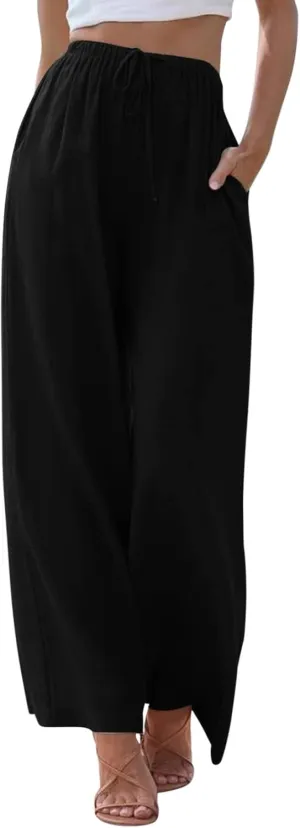 Womens Cotton Linen Summer Palazzo Pants Wide Leg Beach Flowy Trousers Drawstring Elastic Waist Slacks with Pockets