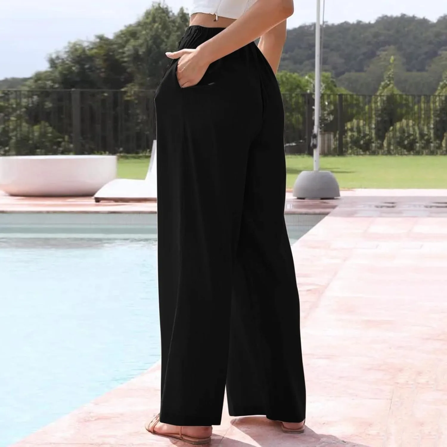 Womens Cotton Linen Summer Palazzo Pants Wide Leg Beach Flowy Trousers Drawstring Elastic Waist Slacks with Pockets