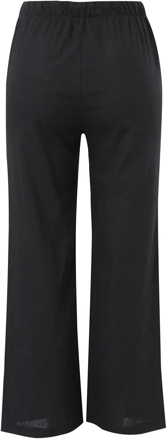 Womens Cotton Linen Summer Palazzo Pants Wide Leg Beach Flowy Trousers Drawstring Elastic Waist Slacks with Pockets