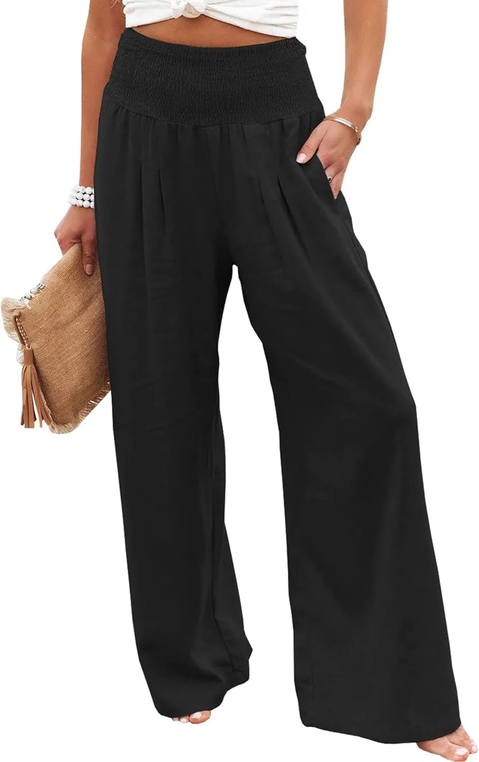 Womens Cotton Linen Wide Leg Pants Elastic High Waist Wide Leg Palazzo Pants