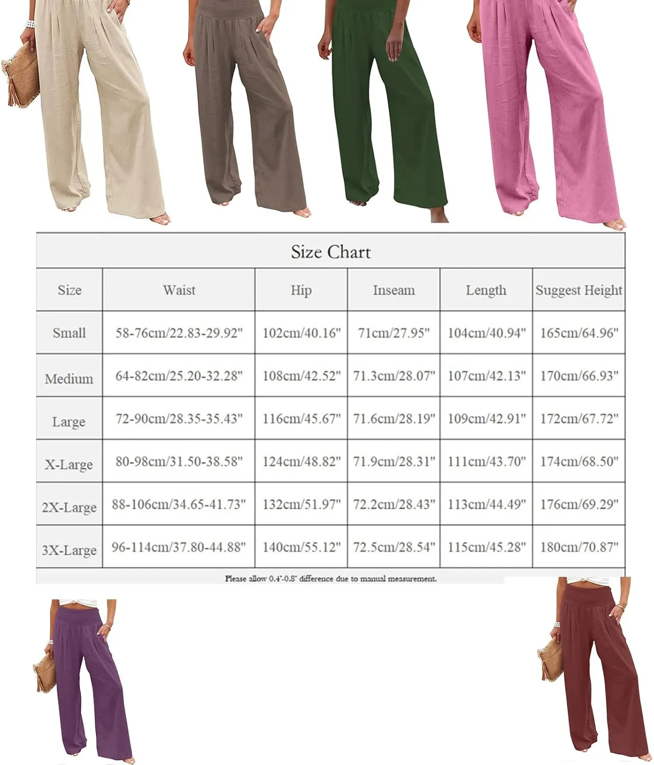 Womens Cotton Linen Wide Leg Pants Elastic High Waist Wide Leg Palazzo Pants