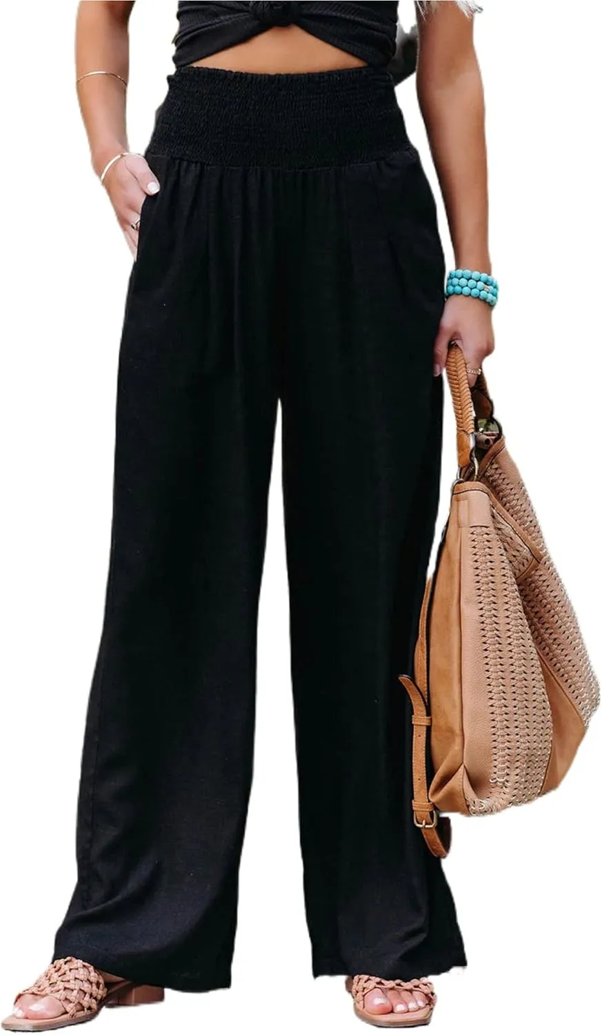 Womens Cotton Linen Wide Leg Pants Elastic High Waist Wide Leg Palazzo Pants