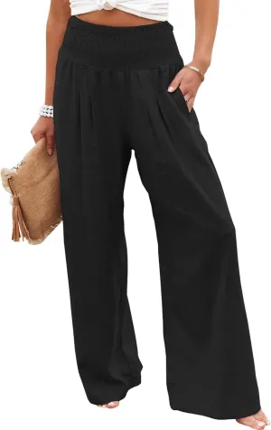 Womens Cotton Linen Wide Leg Pants Elastic High Waist Wide Leg Palazzo Pants
