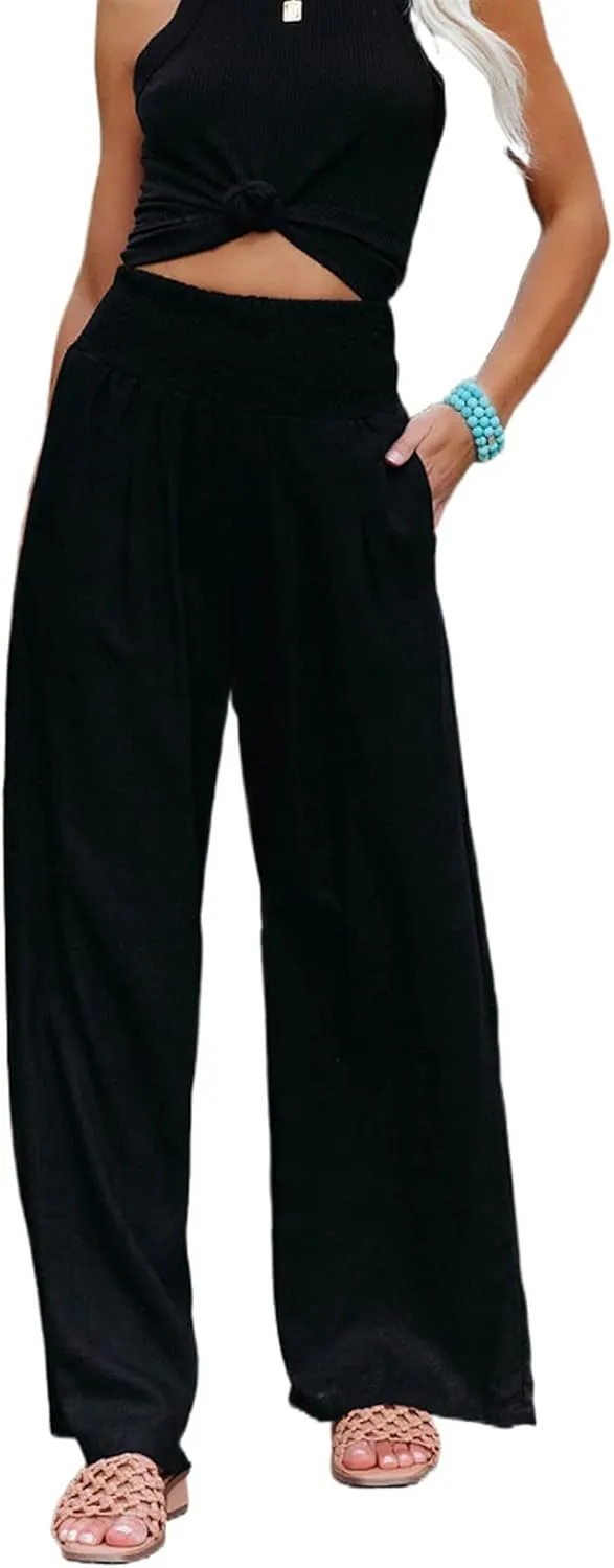 Womens Cotton Linen Wide Leg Pants Elastic High Waist Wide Leg Palazzo Pants