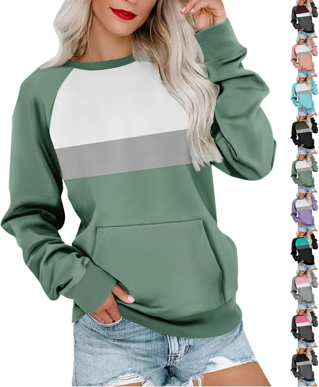 Womens Crewneck Sweatshirt Pullover Trendy Sweatshirts Cute Long Sleeve Y2k Fall Tops Outfits with Pockets