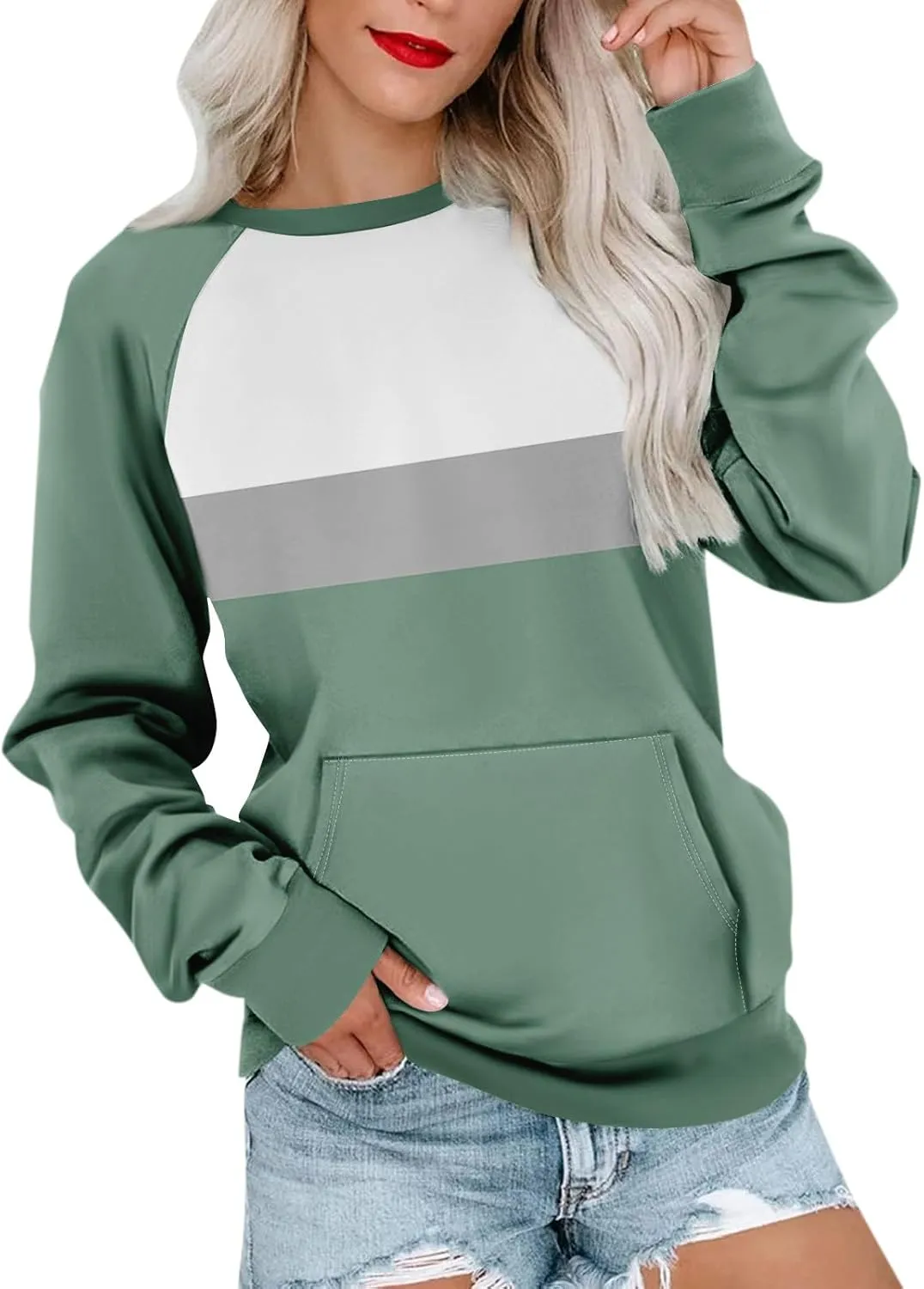 Womens Crewneck Sweatshirt Pullover Trendy Sweatshirts Cute Long Sleeve Y2k Fall Tops Outfits with Pockets