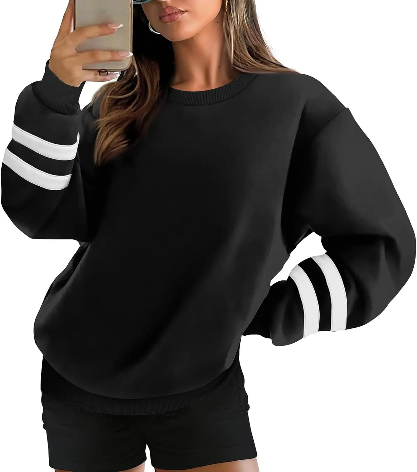 Womens Crewneck Sweatshirt Winter Fleece Plus Size Hoodie Color Block Loose Cute Sweatshirts No Hood Y2k Sweater