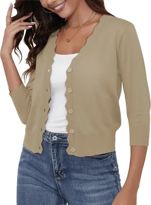 Women's Cropped Cardigans 3/4 Sleeve Button Down Lightweight Cardigan Sweaters Scalloped Edged Bolero Shrugs