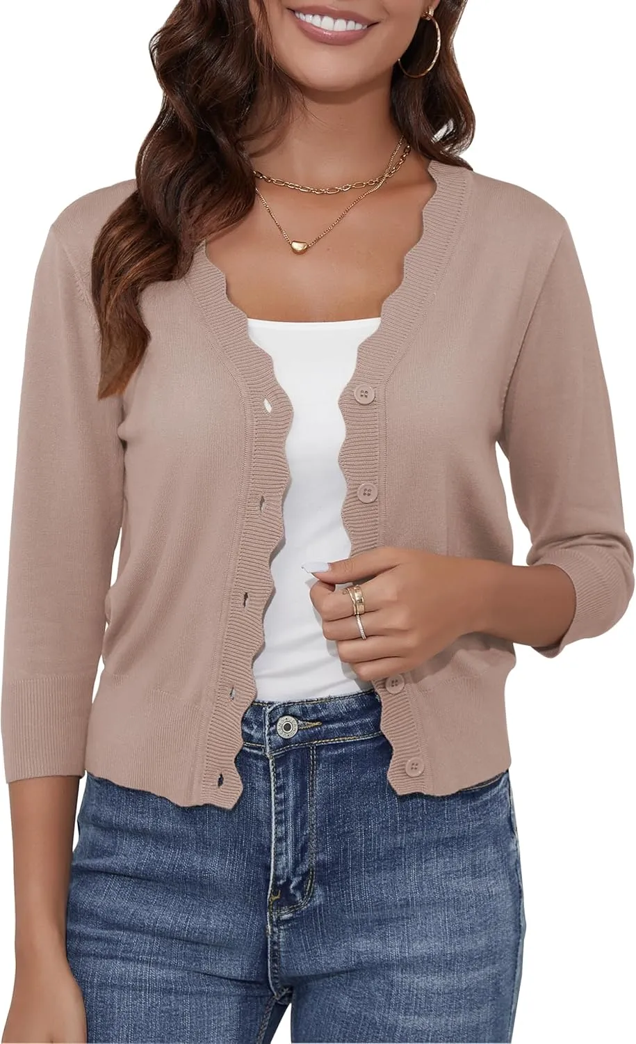 Women's Cropped Cardigans 3/4 Sleeve Button Down Lightweight Cardigan Sweaters Scalloped Edged Bolero Shrugs