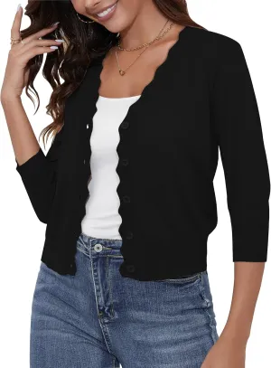 Women's Cropped Cardigans 3/4 Sleeve Button Down Lightweight Cardigan Sweaters Scalloped Edged Bolero Shrugs
