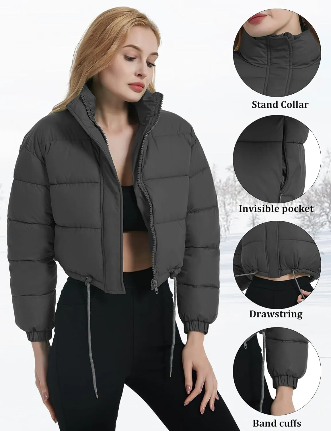 Womens Cropped Puffer Jacket Zip-Up Padded Quilted Short Coats Drawstring Winter Down Coat