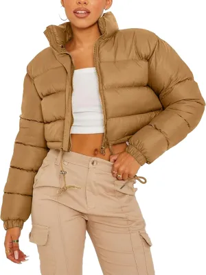 Womens Cropped Puffer Jacket Zip-Up Padded Quilted Short Coats Drawstring Winter Down Coat