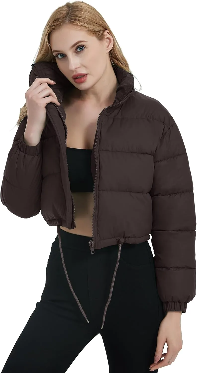 Womens Cropped Puffer Jacket Zip-Up Padded Quilted Short Coats Drawstring Winter Down Coat