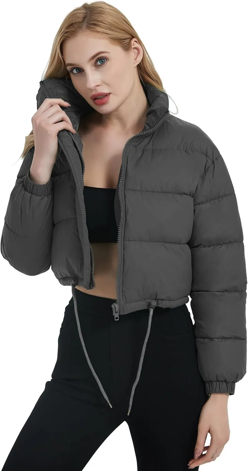 Womens Cropped Puffer Jacket Zip-Up Padded Quilted Short Coats Drawstring Winter Down Coat