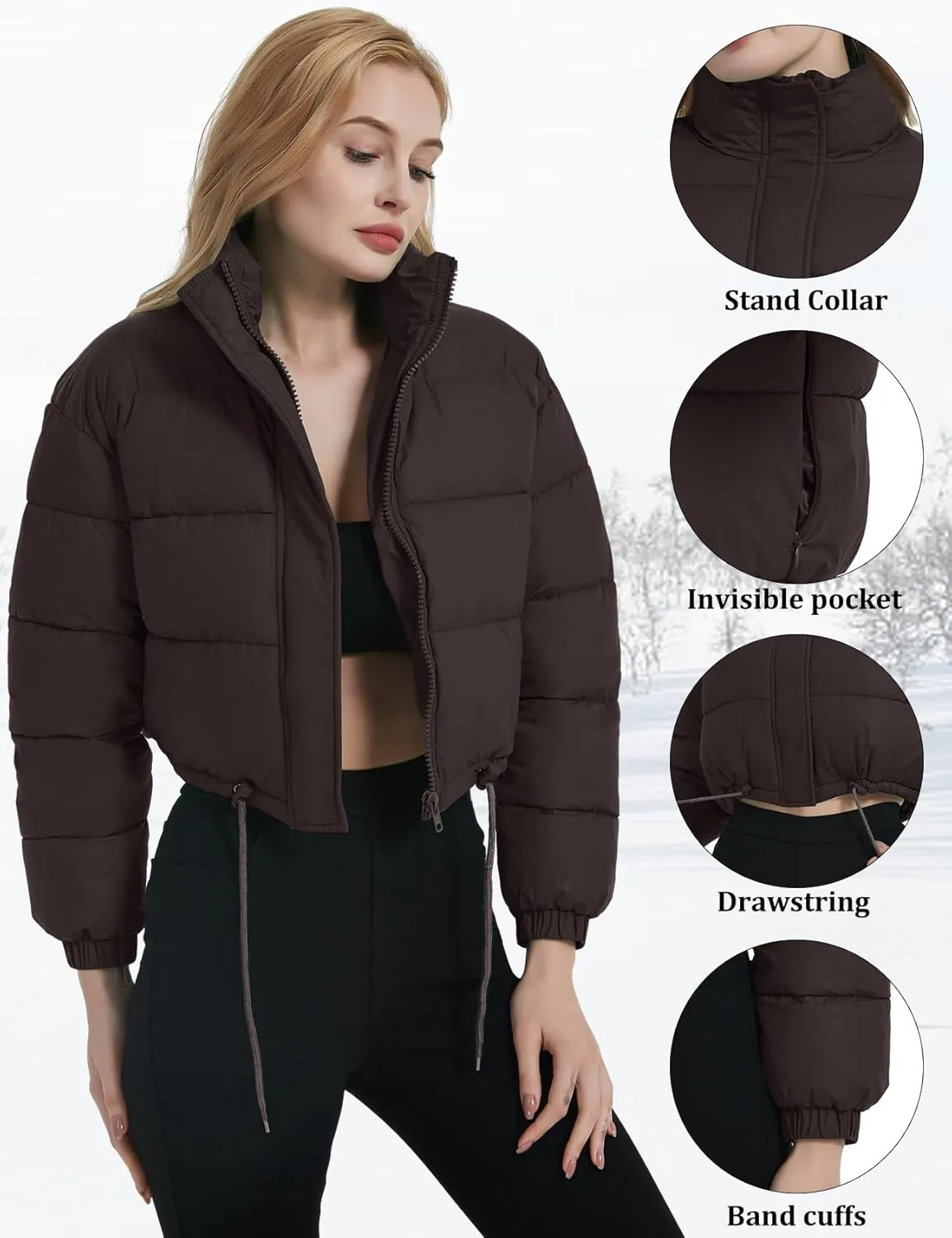 Womens Cropped Puffer Jacket Zip-Up Padded Quilted Short Coats Drawstring Winter Down Coat