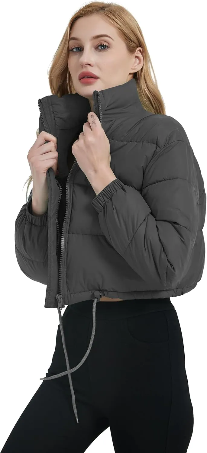 Womens Cropped Puffer Jacket Zip-Up Padded Quilted Short Coats Drawstring Winter Down Coat
