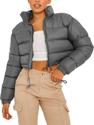 Womens Cropped Puffer Jacket Zip-Up Padded Quilted Short Coats Drawstring Winter Down Coat