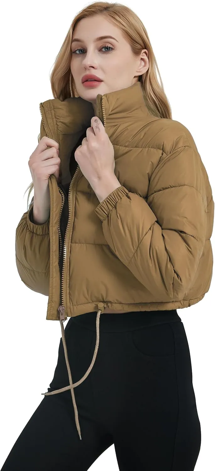 Womens Cropped Puffer Jacket Zip-Up Padded Quilted Short Coats Drawstring Winter Down Coat
