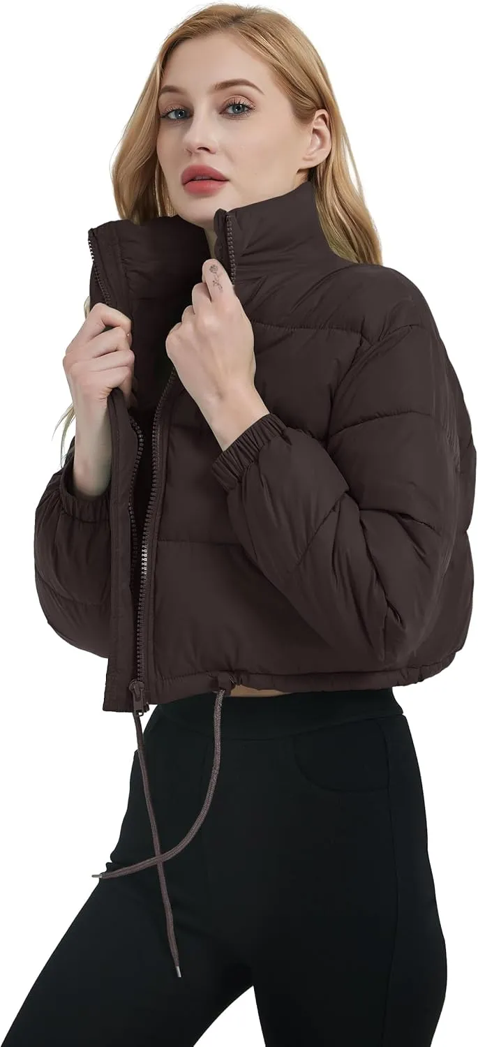Womens Cropped Puffer Jacket Zip-Up Padded Quilted Short Coats Drawstring Winter Down Coat