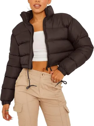 Womens Cropped Puffer Jacket Zip-Up Padded Quilted Short Coats Drawstring Winter Down Coat