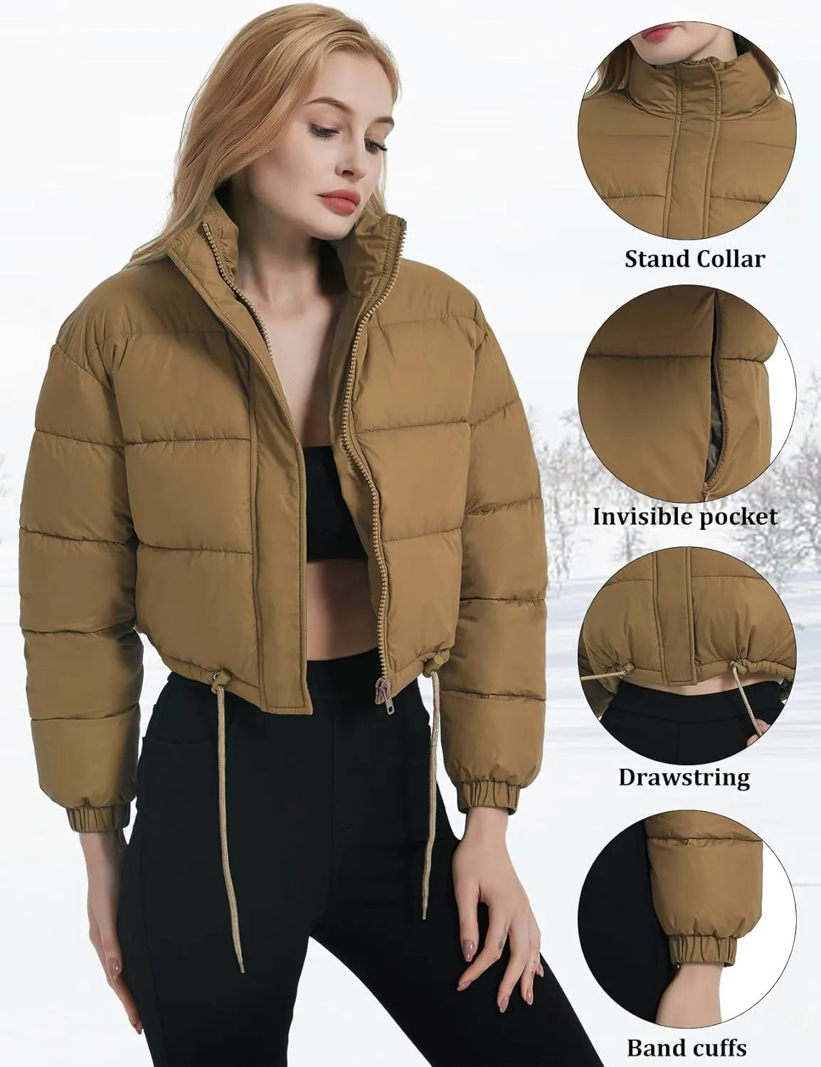 Womens Cropped Puffer Jacket Zip-Up Padded Quilted Short Coats Drawstring Winter Down Coat