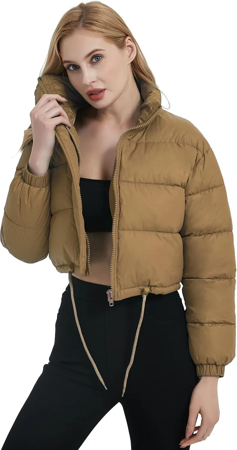 Womens Cropped Puffer Jacket Zip-Up Padded Quilted Short Coats Drawstring Winter Down Coat