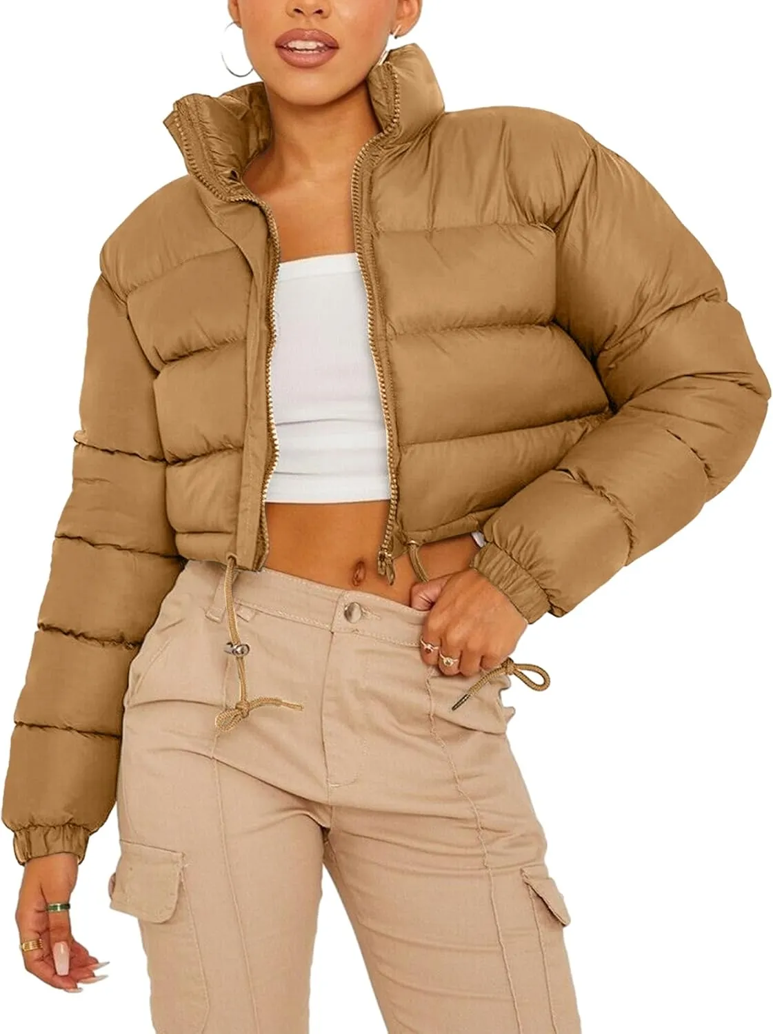 Womens Cropped Puffer Jacket Zip-Up Padded Quilted Short Coats Drawstring Winter Down Coat